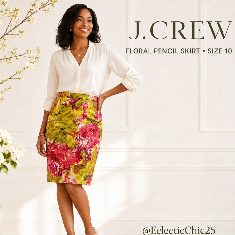 J.Crew Skirt Women’s 10 Green Pink Floral Cotton Pencil Lined Career